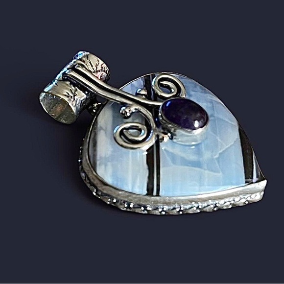 Teardrop Natural Owyhee Opal & Amethyst 2” Gemstone Silver Pendant - Picture 2 of 7